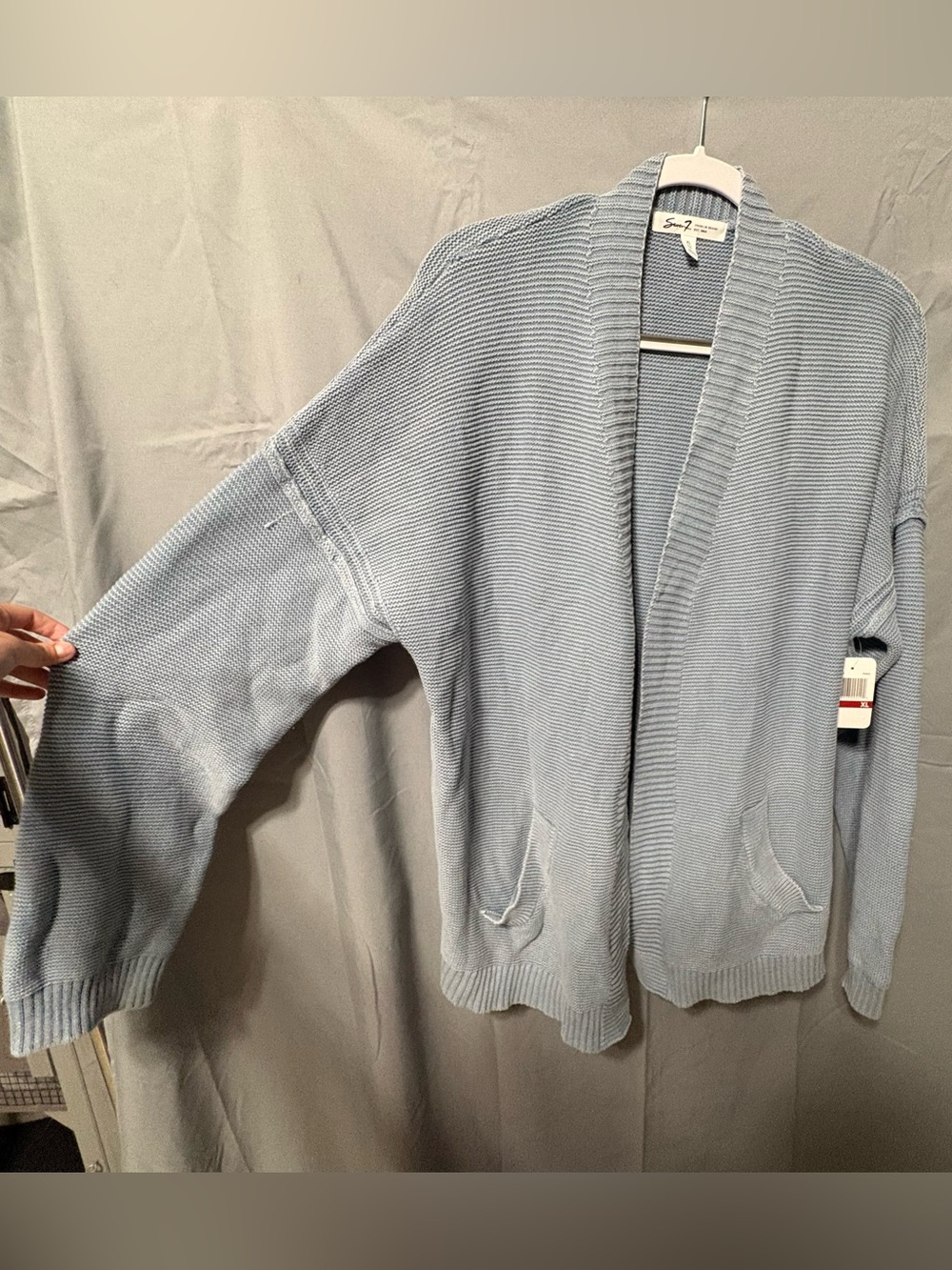 Seven7 Light Blue Ribbed Open-Front Cotton Cardigan